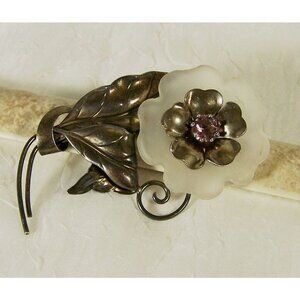 Carl Art Sterling Silver Camphor Glass Flower Brooch Vintage Purple Rhinestone